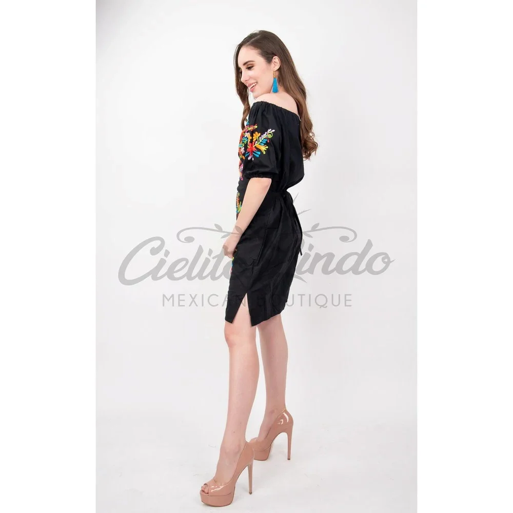 Tecali Mexican Embroidered Black Dress - Picture 6 of 7